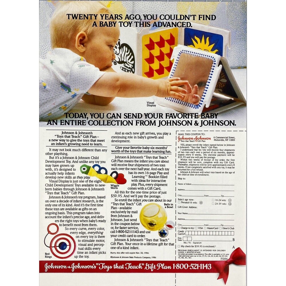 Johnson & Johnson "Toys that Teach" Gift Plan Baby Playing Vintage Print Ad 1986